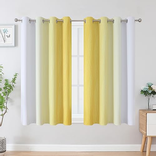 Estelar Textiler Yellow and Greyish White Blackout Curtains 45 Inch Length, Light Blocking Gradient Drapes for Kitchen, Thermal Insulated Grommet Ombre Curtains for Bathroom,52Wx45L,2 Panels
