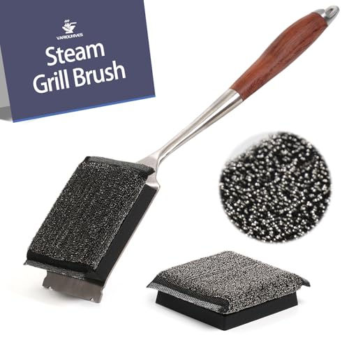 Variouhives Bristle-Free Grill Brush with Steam Cleaning - Heat-Resistant Aramid Fiber Pad & 1 Replaceable Head 16 Inch Long Wood Handle- Safe for All Types Grills,Ideal Gift for Dads