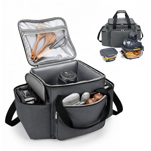 Image of Carrying Case for Ninja Crispi Air Fryer 4QT 6-Cup Glass Containers | 8mm EPE cushioning, wipe-clean PEVA lining, water-resistant Oxford, dual side pockets for travel, office, RV, camping
