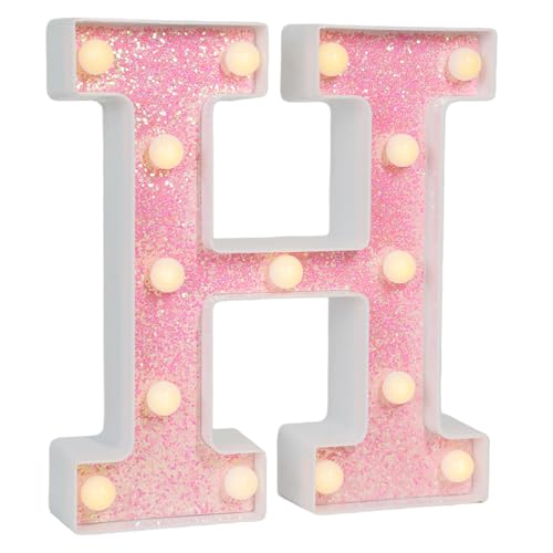 Image of Pink Glitter Marquee Light Up Letters, Battery Operated LED Letter Lights Signs for Pink Birthday Party Table Decorations, Wall Decor for Girls Bedroom, Initial Letter H with Warm White Lights