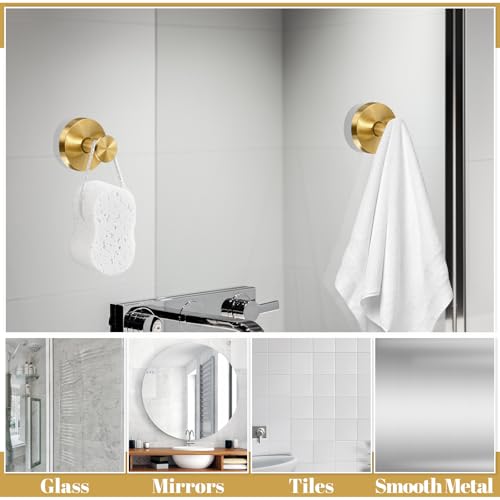 Image of Suction Cup Hooks, 4 Pack Gold Stainless Steel Suction Hooks for Shower | No-Drill, Reusable Removable, Towel Hook Holders for Bathroom Kitchen, For Smooth Surfaces Like Tile, Glass, Mirror