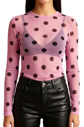 Seyumixi Women Sheer Polka Dot Top Long Sleeve Mesh See Through Tops Cute