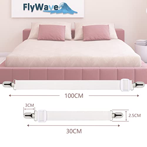 FlyWave Clip Lenzuola Elastici per Lenzuola 8 Pezzi (30-100CM), Bretelle per Lenzuola Regolabile, Ferma Lenzuola, Tenditore per Lenzuola, Materasso, Culla, ASSE da Stiro o Divano (Bianco)