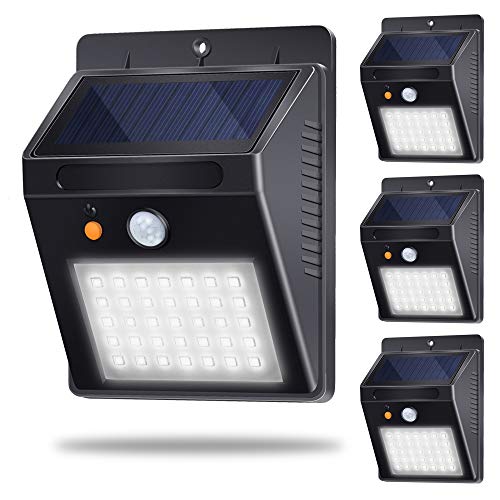 Preisvergleich Produktbild Solarleuchten Außen, Superhelle 35LED 500LM 3 Modi Bewegungsmelder Solar Sicherheitslicht Wandleuchte für Wände, Hof, Flur, Veranda (4 Stück, Kaltweiß 6000K)