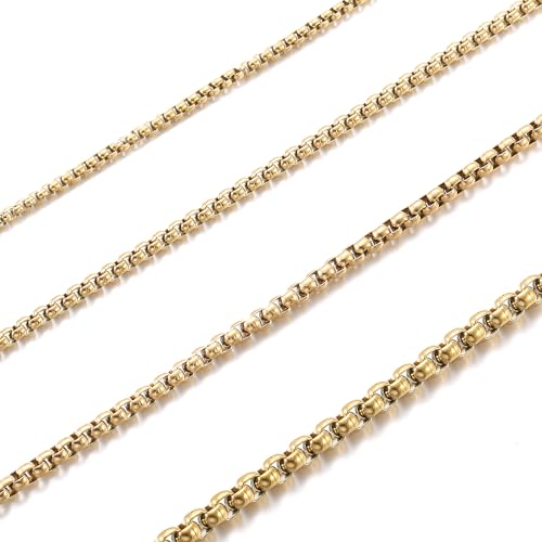 RWQIAN Herren Edelstahl Kette Gold 60CM Venezianierkette Männer Briolette Kette Box Halskette Breite 3mm für Damen