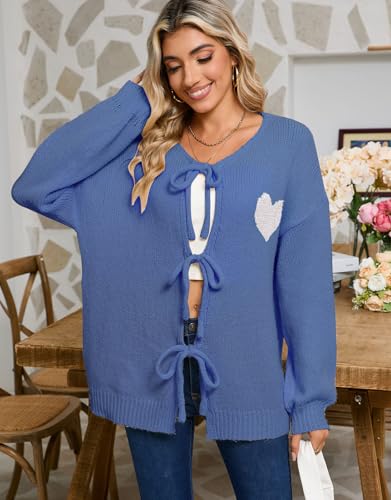 Image of Women's Tie Cardigan Sweaters Long Sleeve Chunky Knit Big Cute Heart Sweater Coats Blue X-Large