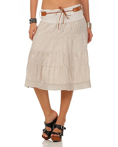 ZARMEXX Mujer Falda de Algodón Falda De Verano Decoración Largo hasta rodilla con Cinturón algodón - beige, 38,40,42