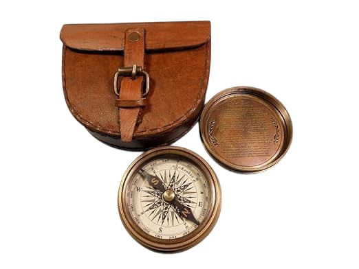 Brújula de bolsillo de latón estilo vintage con funda de cuero miniatura 1