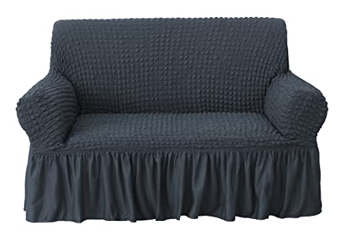 Image of House of Quirk Turkish Bubble Frill Five Seater 3 + 2 Sofa Slipcovers 280 GSM, Durable Washable Universal Triple Seater High Elastic Furniture Protector (Grey)