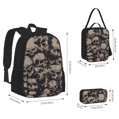 nanger Cool Retro Skull Graphics Print 3-Piece Set Backpack, Lunch Bag And Pencil Case, For Travel, College, And Daily Use4