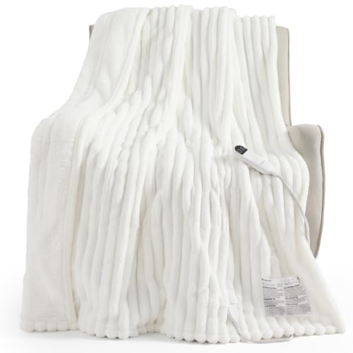 Image of Bedsure Heated Blanket Electric Throw XL - Thick Striped Fast Heating Electric Blanket with Preheat Function, 6 Heat & 6 Timer (Up to 10H), 8H Auto Off, ETL Certified, Gifts for Mom (50 inchx70 inch, White)