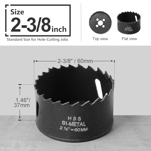 Image of 2-3 /8 Inch Hole Saw with 3 /8 inch Triangle Shank Quick Change Arbor, JTemgle Bi-Metal Hole Saw Heavy Duty Hole Cutting Tool for Cornhole Boards, Recessed Lights, Wood, Plastic, Drywall & Soft Metal