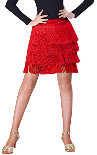 SEAUR Damen Tanzrock Latein Tango Bauchtanz Hüfttuch Fransen Rock Rumba Cha Cha Samba Ballsaal Tanzkleid Rot - XL