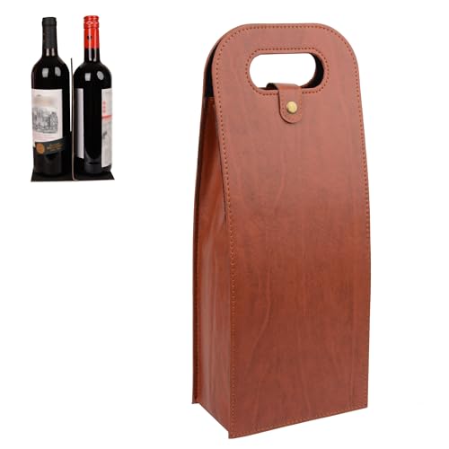 NUOYIA Portable 2 PU Leather Bottle Wine Tote Carrier, Reusable Bottle Padded Case with Handles,Insulated Wine Cooler Bag, Travel Wine Gift Carrier for Wine Lovers Christmas (Brown02)