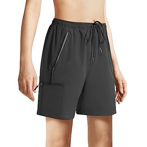 Women's Hiking Cargo Bermuda Shorts, High Waisted Quick Dry 4 Zipper Pockets Long Summer Athletic Running Golf Gym Shorts For Women(Black+Black,Medium) #TOP2