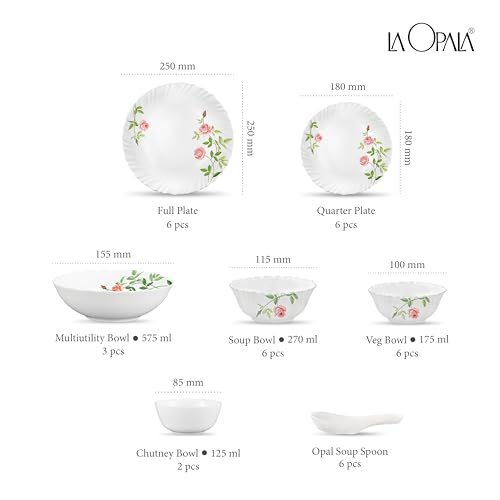 Image of La Opala Opal Glass Crockery | for Family of 6 | Dinner Set 35 pcs Rose Garden | Plates & Bowls for Dining | Microwave Safe | 100% Vegetarian | Extra Strong | Extra Light & White