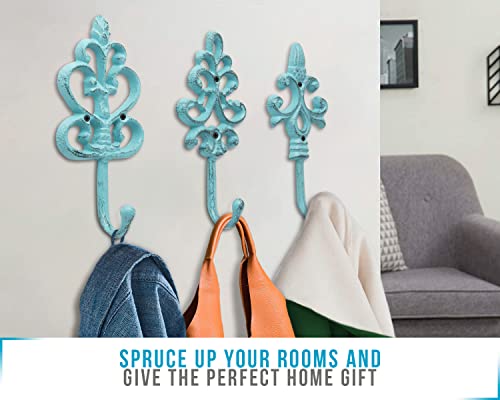 Shabby Chic Decorative Wall Hooks - Set Of 3 - Cast Iron French Country Wall Decor - Farmhouse Hangers For Coats, Purses And More - Blue #TOP5
