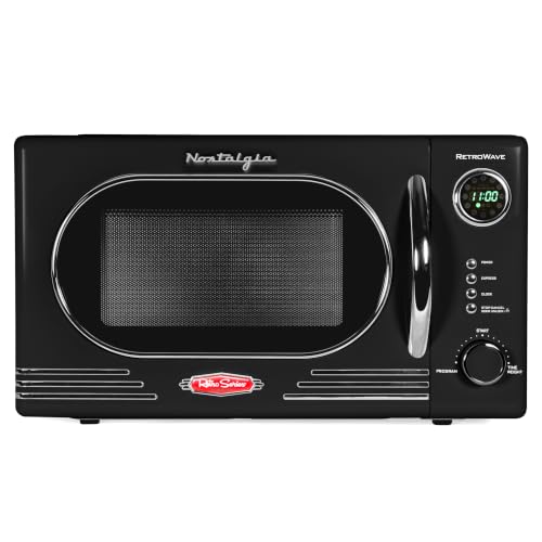 Image of Nostalgia NRMO11BK6A 1000 Watt Power Retro Countertop Microwave Oven Easy to Clean with Removable Glass Turntable-Child Safety Lock-12 Programs-Digital Clock, 1.1 Cu Ft, Black