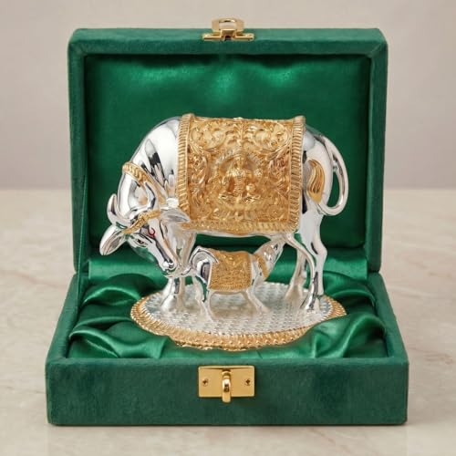 Image of 24K Gold and 999 Pure Silver Plated Kamdhenu Cow Idol - 6 Inch Auspicious Vastu Home Decor for Pooja Room and Mandir - Sacred Two-Tone Symbol of Prosperity and Success