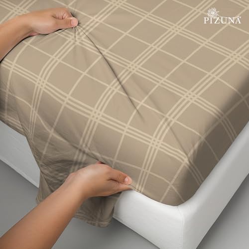 Image of Pizuna 100% Cotton Bedsheet Super King Size with 2 Pillow Covers, 300 Thread Count Long Staple Cotton, Checks Pattern Flat Bed Sheet 108X108 Inch for Superking Bed, Taupe