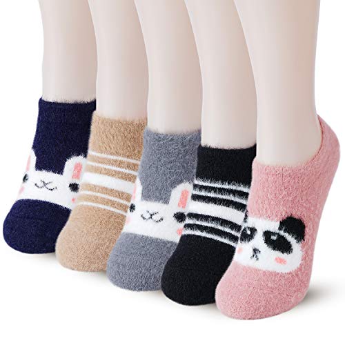 Slipper Socks for Women Anti-Slip 5 pairs Super Soft Warm Cozy with Cute Animal Low Cut Winter Fluffy Fuzzy Socks