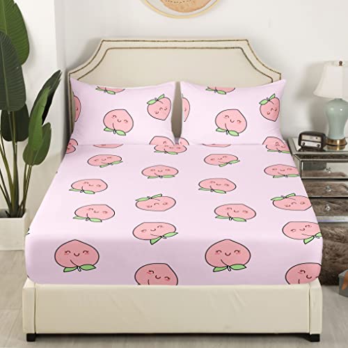 Erosebridal Cartoon Fitted Sheet Full Size Pink Peach Bed Sheet Kid Kawaii Bedding Sets Girl Lovely Peach Fitted Bed Sheets Cute Fruits Bed Sheet Tropical Plant Bedding Room Decor #TOP2