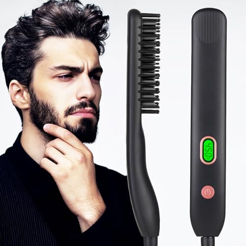 Beard Straightener Comb Brush for Men Anti-Scald Hair Style & Beard Straightening Brush - Portable Styling Comb Beard Iron with 5 Temperatures & Quick Electric Heated-B