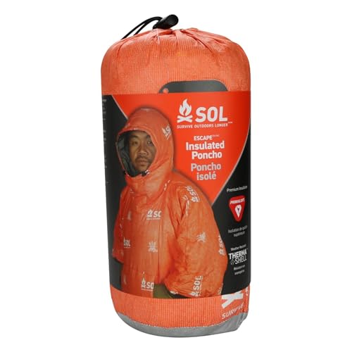 SOL Escape Insulated Poncho - Compact Reusable Poncho with Pockets - Reflects Up to 70% Body Heat - Waterproof & Wind Resistant - Durable Outdoor Gear - Camping & Hiking Essentials
