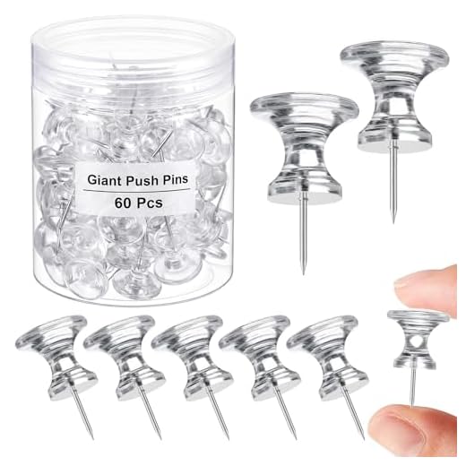 60 Pieces Giant Push Pins Big Thumb Tacks Large Tacks Jumbo Pins Steel Point 1 Inch Plastic Heads Pins Marking Pins for Cork Board (Transparent)