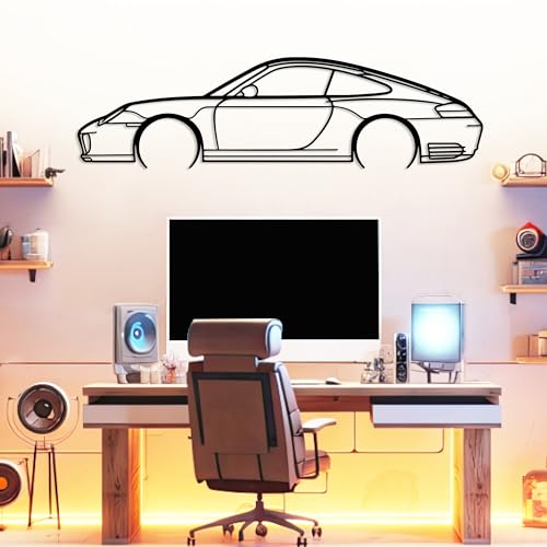 DecoSoul 911 Silhouette Metal Car Wall Art, Sports Car, Automotive Silhouette Line Decoration, Minimalist Sculpture for Garage, Man Cave, Indoor Outdoor Wall Hanging, (Black - 30 x 8.2” inch)