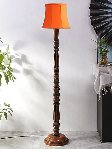 Image of Cylindrical Drum Floor Lamp with Wooden Base - Height 57 Inches, Orange | Modern Standing Lamp for Home, Living Room, Bedroom & Office | Elegant Lighting Decor | Cotton