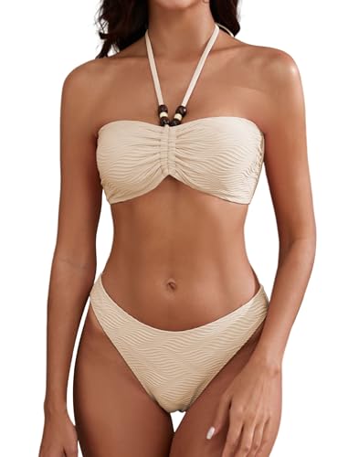 ZAFUL Women's Halter Bandeau Bikini Beaded Tie Back String Bikini Set Push Up Two Piece Swimsuit Bathing Suits (1-Beige, S)