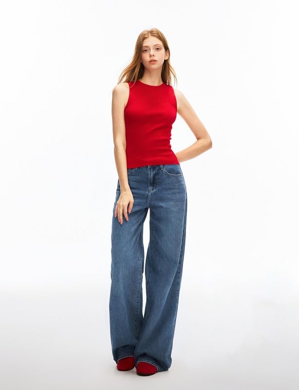 Women’s Adjustable Wasit Baggy Jeans with Snap-Button Waistband Wide Straight Leg High Rise Jeans Denim Pants Y2K Trousers