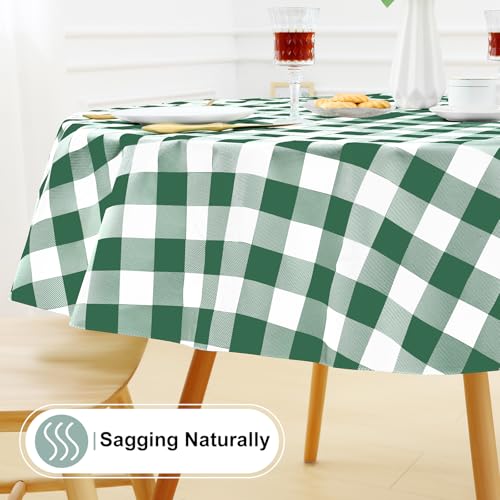 Image of misaya Round Waterproof Vinyl Table Cloth, Buffalo Flannel Backed Tablecloth, Wipeable Plastic Table Cover for Dinner, Kitchen, Picnic (60 inch, Emerald Green and White)