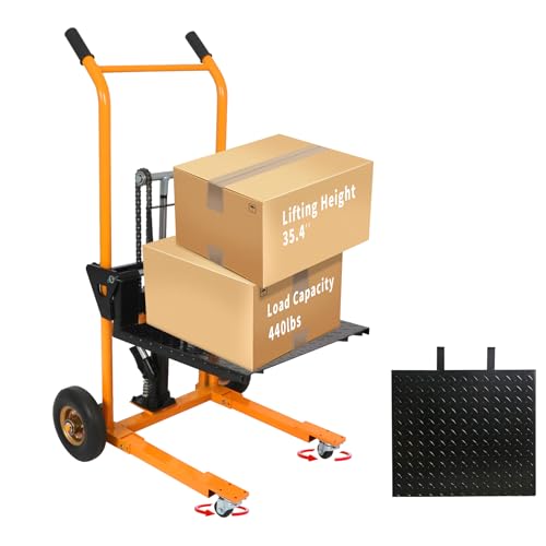 Tory Carrier Hydraulic Winch Stacker, 440lbs Capacity Material Pallet Stacker, 35.4\" Lifting Height, Pallet Truck Dolly, 9.1â€ Rubber Wheels Lift Table Cart, Forklift with Steel Platform Board