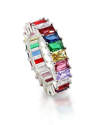 Savlano 18K White Gold Plated Cubic Zirconia Emerald Cut Multicolor Rainbow Eternity Ring Band (10)2