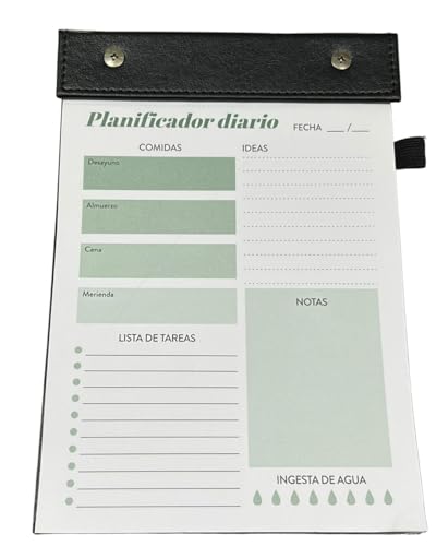 PLANIFICADOR DIARIO PREMIUM EN ESPAÑOL con Lista de Tareas y Control de Comidas | Cubierta de Cuero Negro | Organizador Multifuncional Ideal para Emprendedores y Estudiantes | Por Balance & Growth