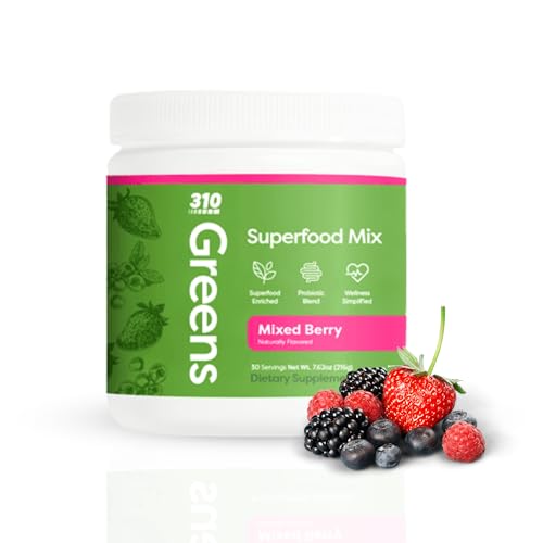 310 Nutrition Organic Superfood Greens Powder – Super Green Powder Supplement with Daily Greens Spirulina, Vegetable Enzymes & Antioxidants – Immunity Boost – Mixed Berry, 30 Servings