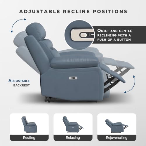 Image of Lexicon Leather Match Power Recliner Loveseat, Wall Hugger Recliner, Blue | 64 inchW Power Double Reclining Loveseat, USB Charging Port, Pillow Top Arms, Home Theater Seating, for Living Room /Apartment