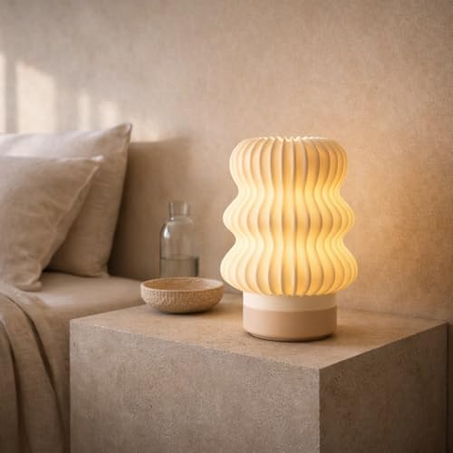 Image of Wavey Mini Table Lamp Modern Wavy Design Bedside Night Lamp, Warm White Glow, 5W Plug-in Decorative Lamp for Bedroom & Home Decor, Plastic, Beige