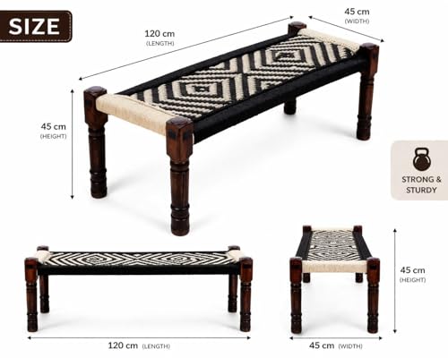 Image of Handwoven Wooden Bench | Traditional Rope Charpai Stool | Solid Wood Frame Seating for Living Room, Balcony & Outdoor | Durable & Stylish Design (Black and White)