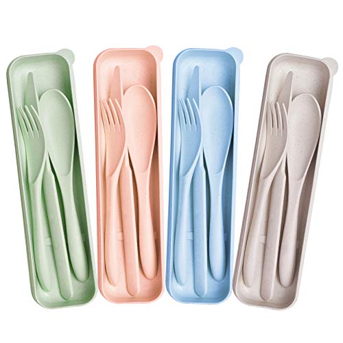 4 Sets Cubiertos Plastico Incluir Cucharas Plastico Cuchillo Tenedor, Cubiertos Viaje con Estuche para Cubiertos para Llevar, Cubiertos Portatiles Reutilizables por Llevar al Trabajo Picnic Cover