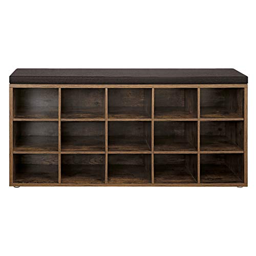 VASAGLE Shoe Bench with Cushion, 15-Cube Storage Bench, Holds up to 440 lb, Rustic Brown ULHS15BX