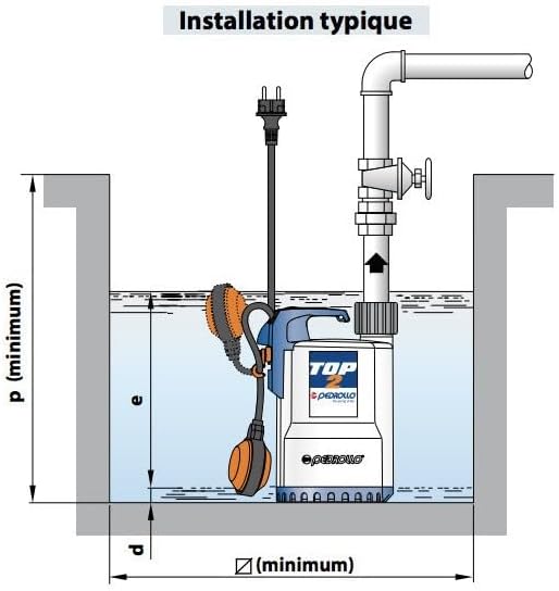 Typical installation diagram for Pedrollo submersible pump with float switch