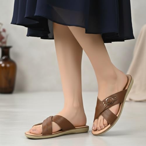 Image of SELBRO Women's Comfort Slip-On Sandals - Lightweight Criss-Cross Strap Flats with Laser-Cut Detail and Cushioned Footbed - Stylish Everyday Walking Flats SAR-CHD126