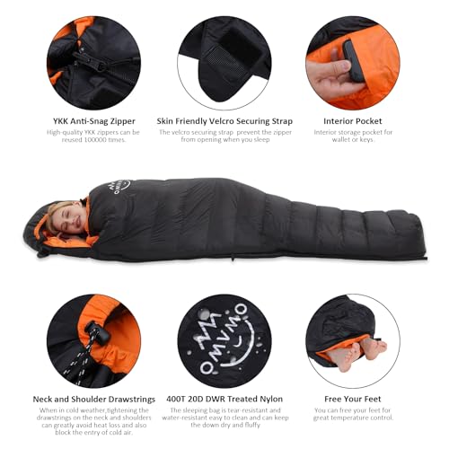 Saco de dormir OMVMO 0 grados F con relleno de plumas 650 para adultos, forma momia, para camping, excursionismo y mochila, 4 estaciones, cremallera derecha, talla regular para hasta 6'0'' miniatura 2