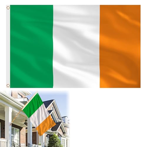Drapeau National de la République d'Irlande, Drapeau Irlandais Premium 90 x 150 cm, Bannière Tricolore, avec 2 œillets Métalliques, Célébrations Irlandaises, Imperméable, Intérieur, Extérieur