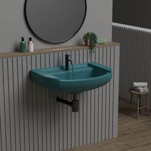 Image of REMOTION Ceramic Wall Hung Corner Wash Basin for Bathroom | Wall Mounted Corner Sink | Space-Saving, Durable & Stylish Design (18.5 x 14 x 7.5 Inch) (Green)