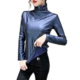 Blusa térmica para mujer, informal, cálida, cuello alto, piel sintética, manga larga, con agujeros para el pulgar, azul, XXL