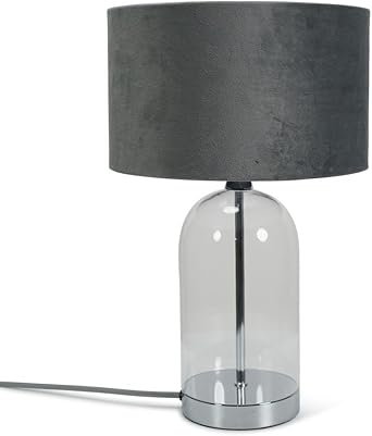 ValueLights | Glass and Silver Chrome Table Lamp with a Grey Velvet Lampshade | Home D cor, Bedside & Desk Lamp [Energy Class F]